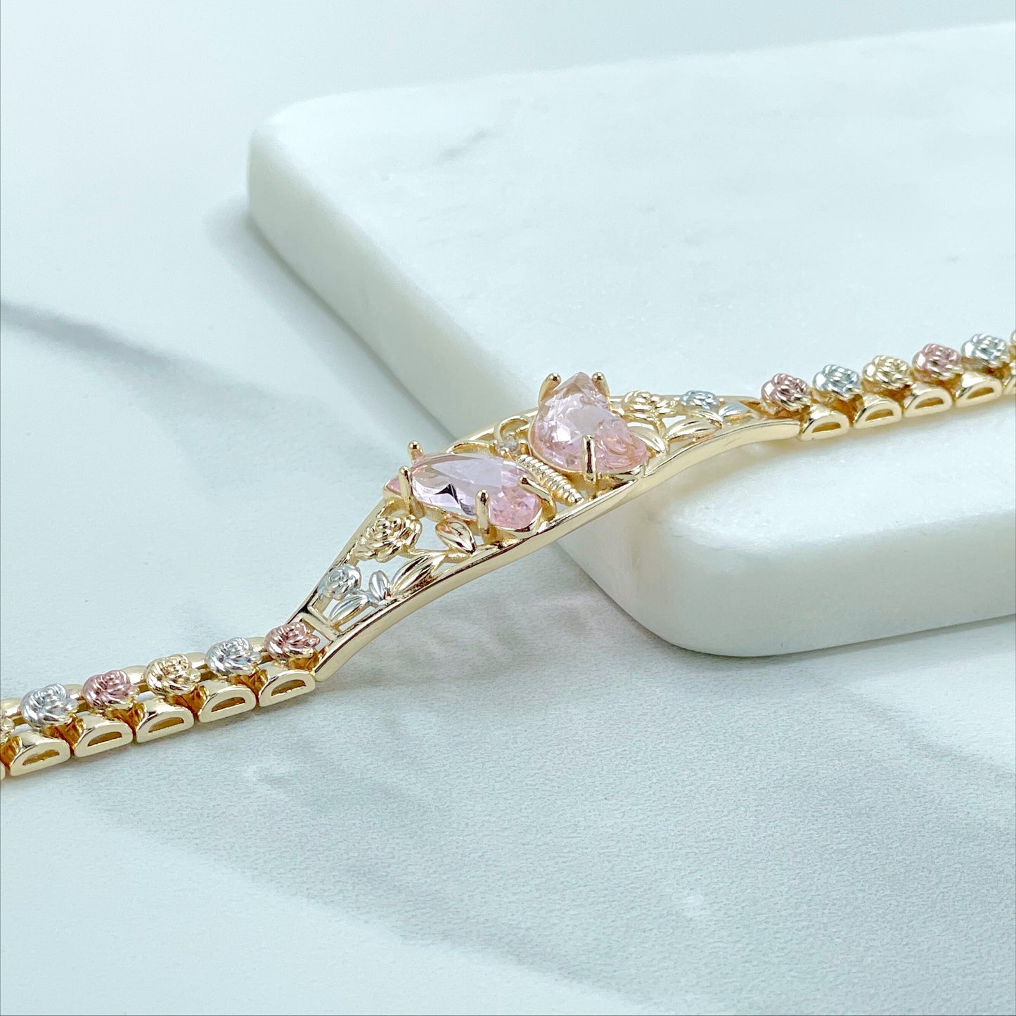 18k Gold Filled Three Tone Rose Flowers, Old Pink or Red Zirconia Butterfly, Bracelet, Wholesale and Jewelry Supplies