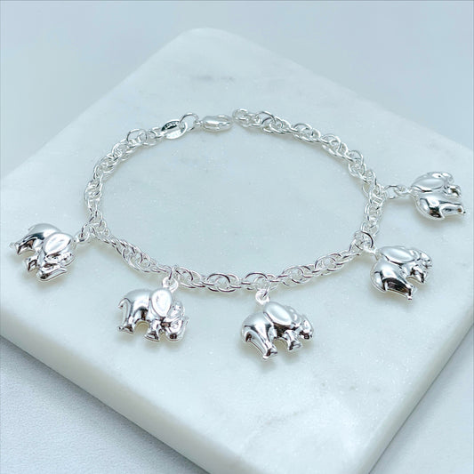 Silver Filled 4mm Rolo Singapore Chain with 3d Puffed Elephants Charms Bracelet, Lucky & Protection, Wholesale Jewelry Making Supplies