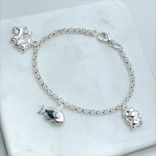 Silver Filled 3.5mm Rolo Link Chain with Leon, Fish and Mouse Charms, 7.5 inches for Kids Bracelet, Wholesale Jewelry Making Supplies