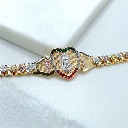 18k Gold Filled Three Tone Rose Flowers, Red, White and Green Zirconia, Guadalupe Virgin Bracelet, Wholesale and Jewelry Supplies