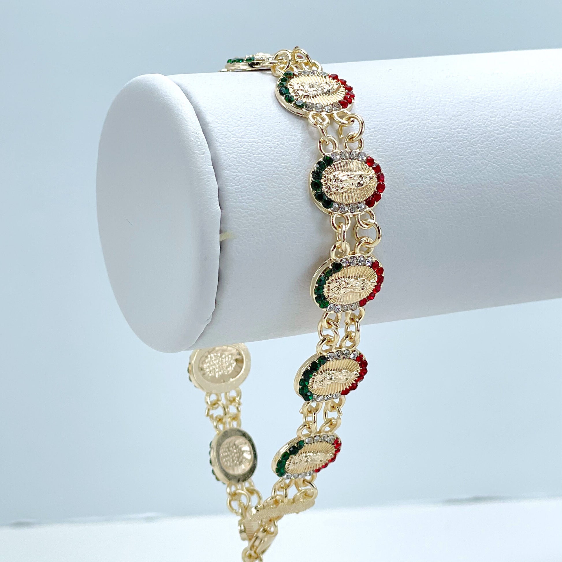 18k Gold Filled Three Red, White and Green Zirconia, Guadalupe Virgin Bracelet, Wholesale and Jewelry Supplies