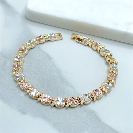 18k Gold Filled Three Tone, Tri Tone, Texturized Apple Charms Linked  Bracelet, Wholesale Jewelry Making Supplies