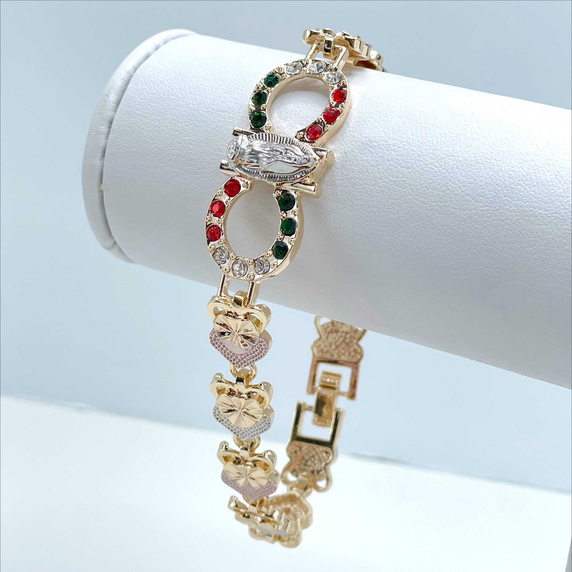 18k Gold Filled Three Tone Rose Hearts, Red, White and Green Zirconia, Guadalupe Virgin Bracelet, Wholesale and Jewelry Supplies