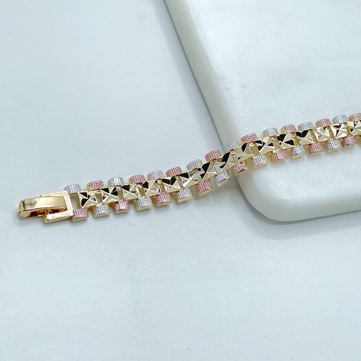 18k Gold Filled Three Tri Tone Texturized Square 8 inches Linked Bracelet, Wholesale Jewelry Making Supplies