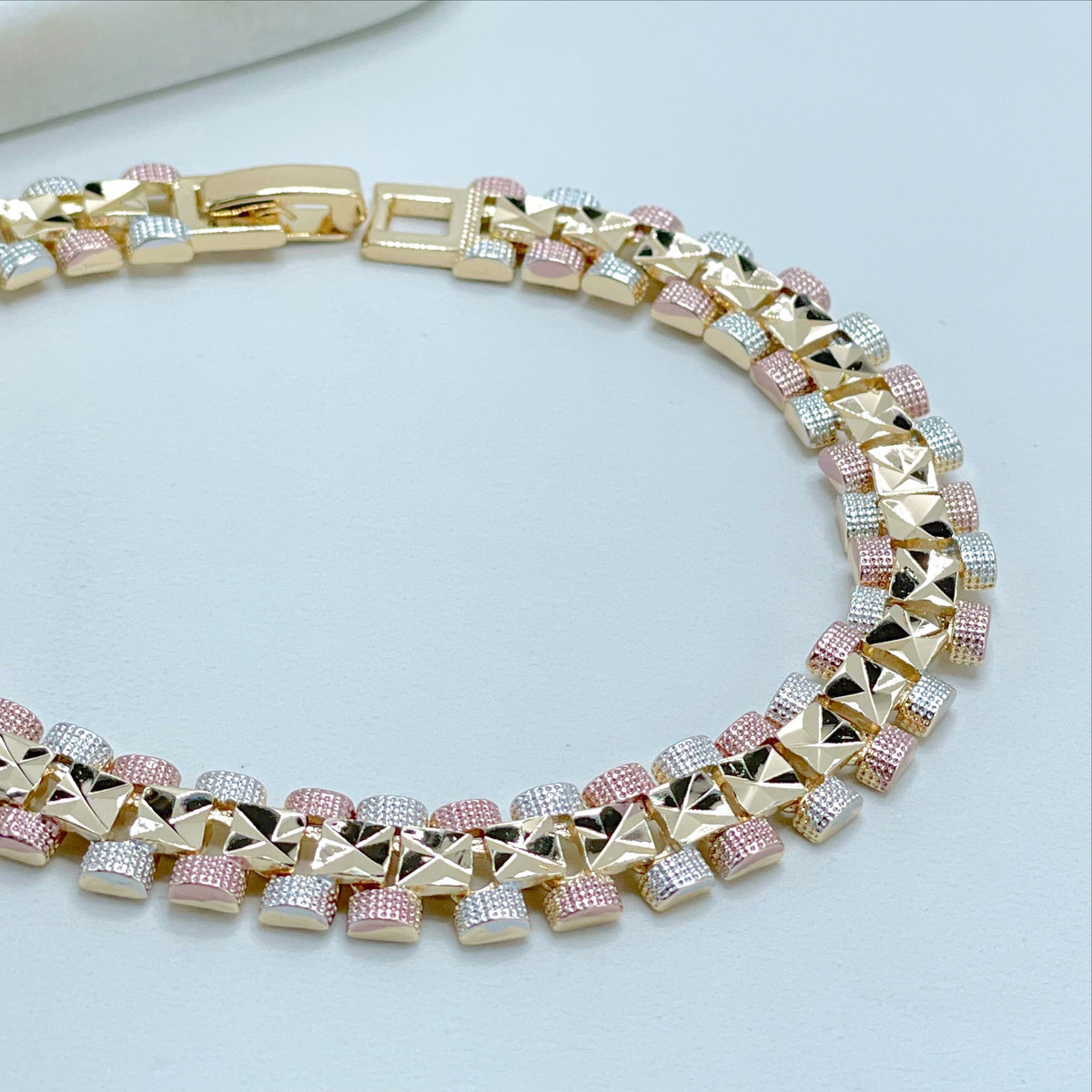18k Gold Filled Three Tri Tone Texturized Square 8 inches Linked Bracelet, Wholesale Jewelry Making Supplies