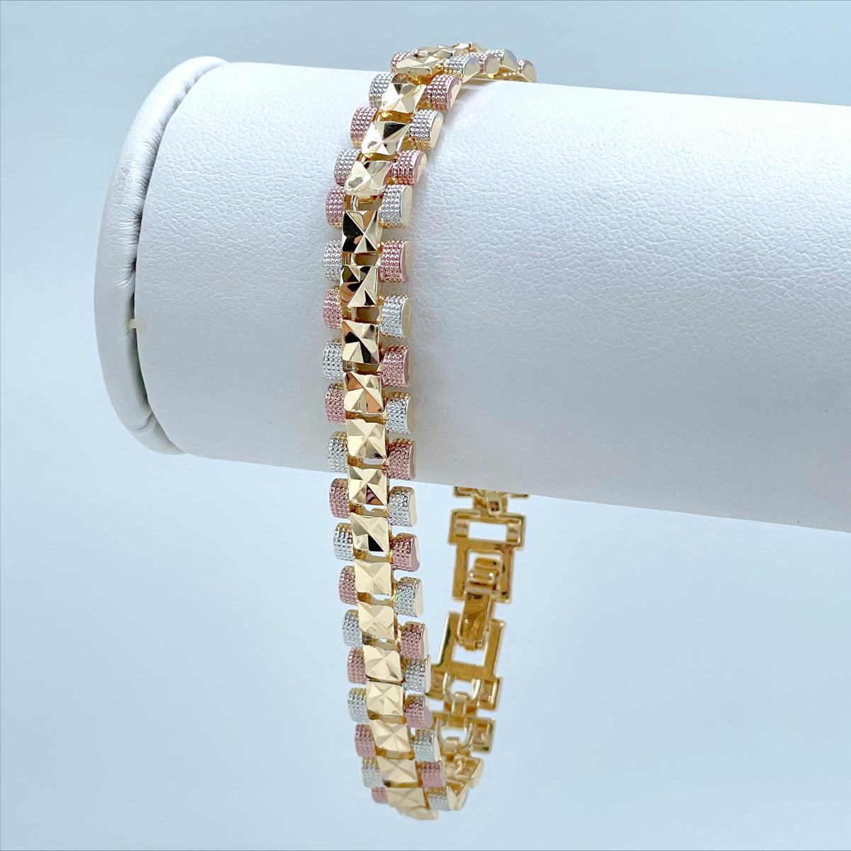 18k Gold Filled Three Tri Tone Texturized Square 8 inches Linked Bracelet, Wholesale Jewelry Making Supplies