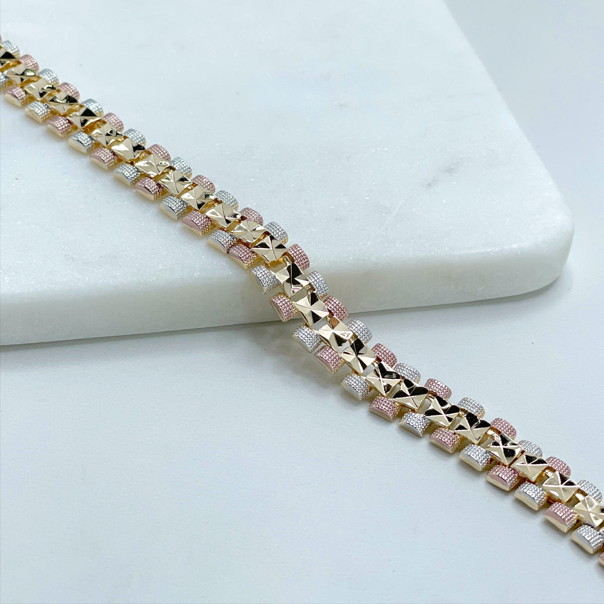 18k Gold Filled Three Tri Tone Texturized Square 8 inches Linked Bracelet, Wholesale Jewelry Making Supplies