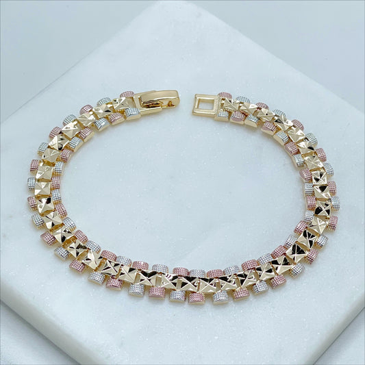 18k Gold Filled Three Tri Tone Texturized Square 8 inches Linked Bracelet, Wholesale Jewelry Making Supplies