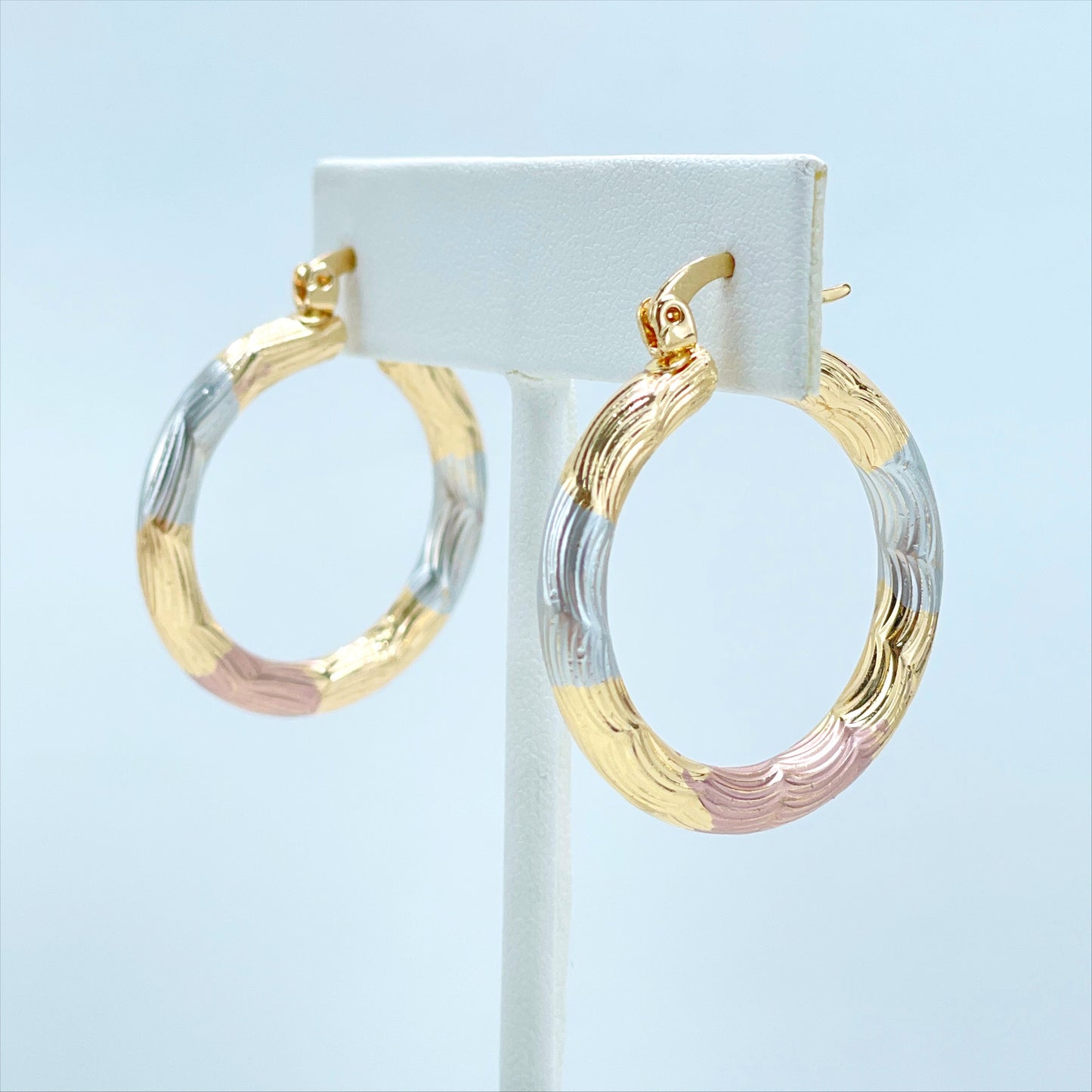 18k Gold Filled Three Tone, Tri Color 30mm Textured Hoop Earrings, 4mm Thickness Wholesale Jewelry Making Supplies