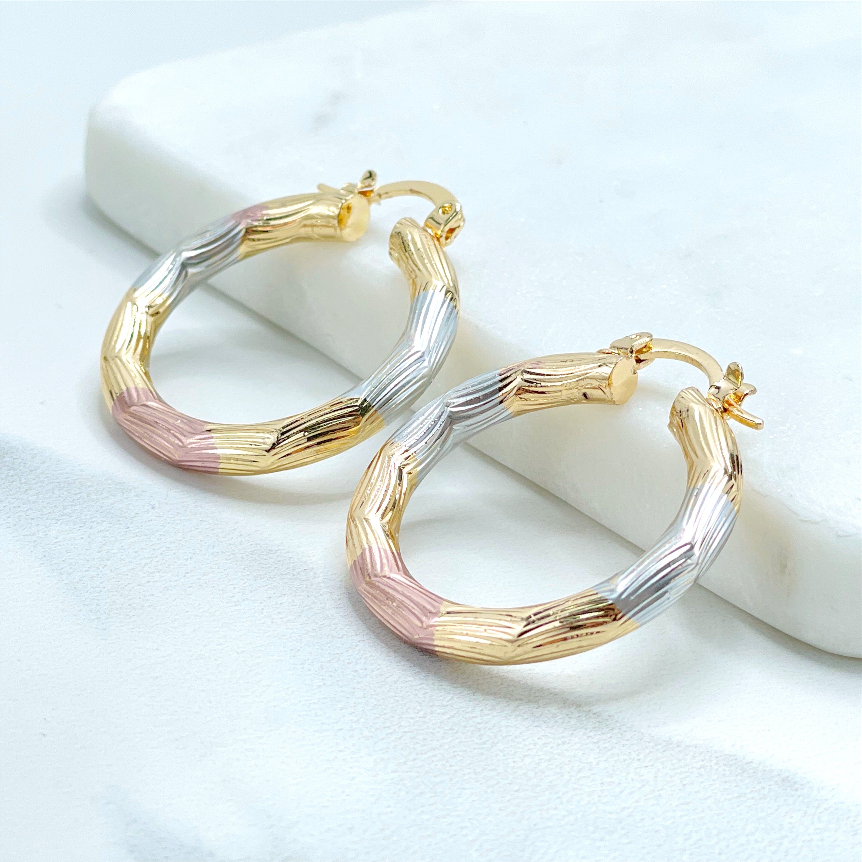 18k Gold Filled Three Tone, Tri Color 30mm Textured Hoop Earrings