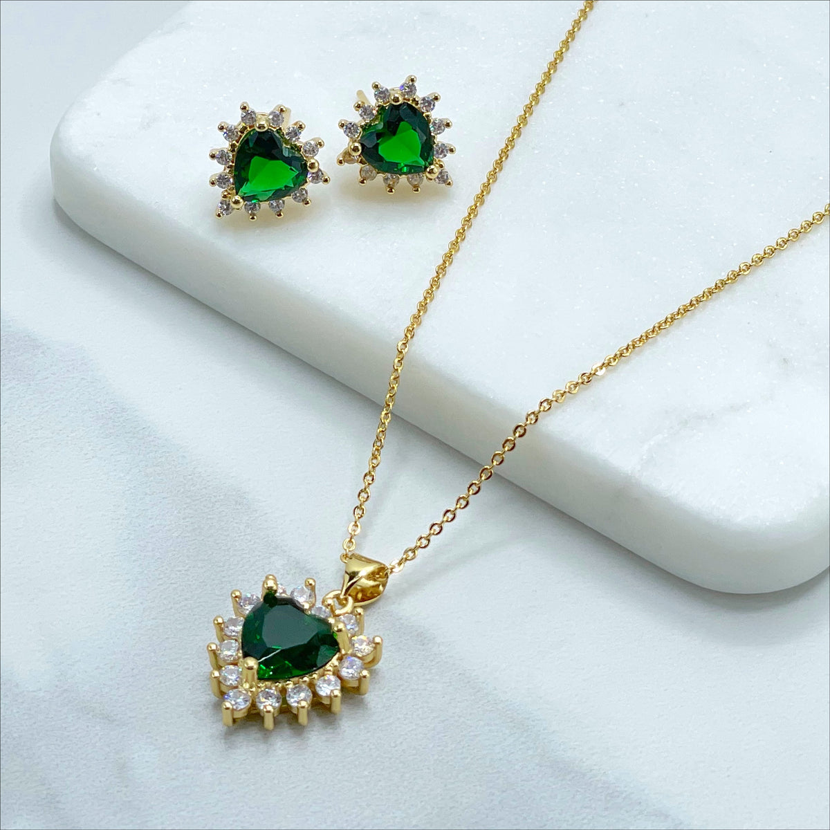 18k Gold Filled 1mm Rolo Chain with Green Heart Cubic Zirconia Necklace and Earrings Set, Wholesale Jewelry