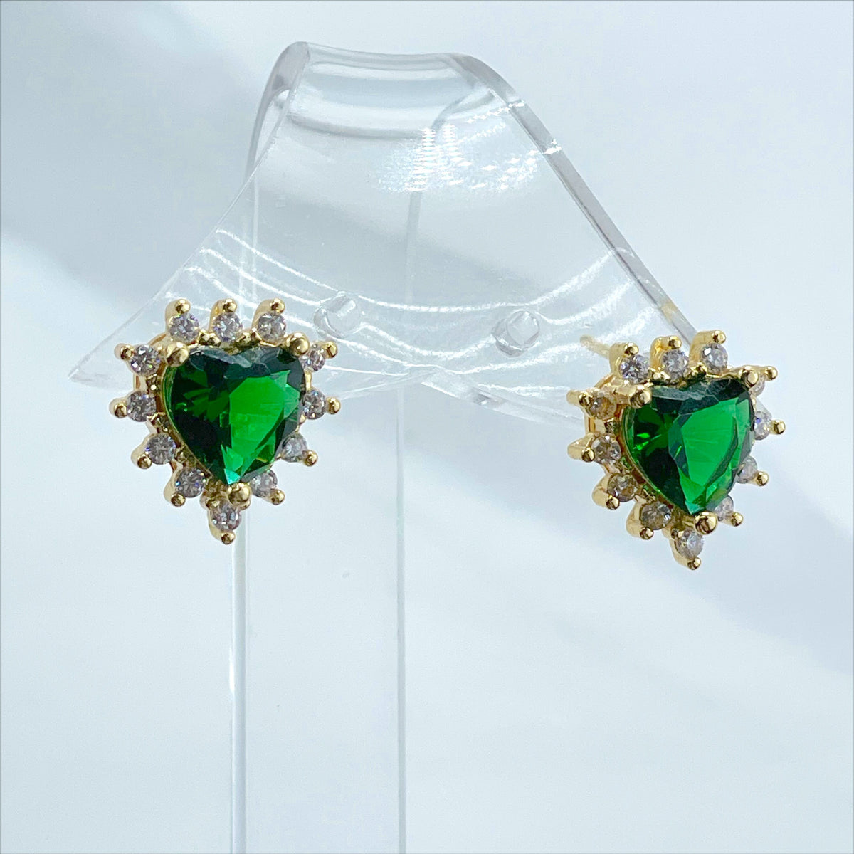 18k Gold Filled 1mm Rolo Chain with Green Heart Cubic Zirconia Necklace and Earrings Set, Wholesale Jewelry