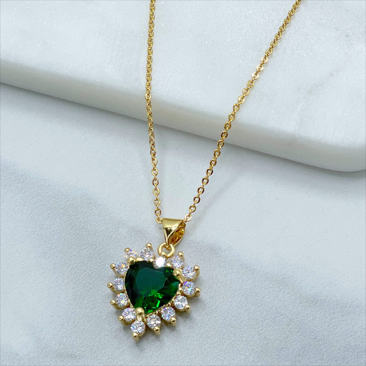 18k Gold Filled 1mm Rolo Chain with Green Heart Cubic Zirconia Necklace and Earrings Set, Wholesale Jewelry