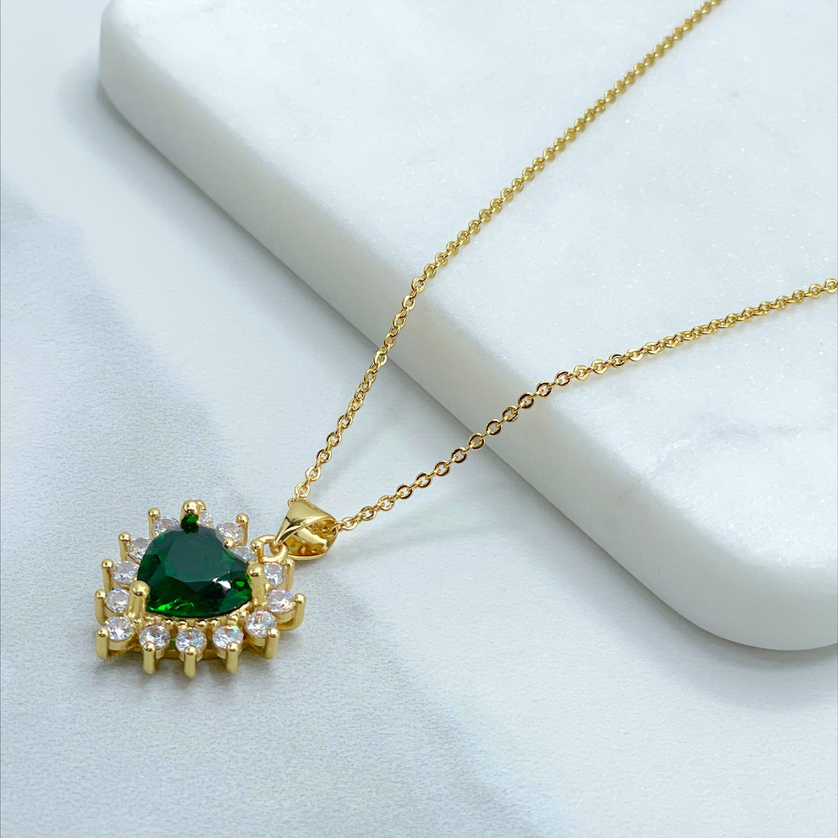18k Gold Filled 1mm Rolo Chain with Green Heart Cubic Zirconia Necklace and Earrings Set, Wholesale Jewelry