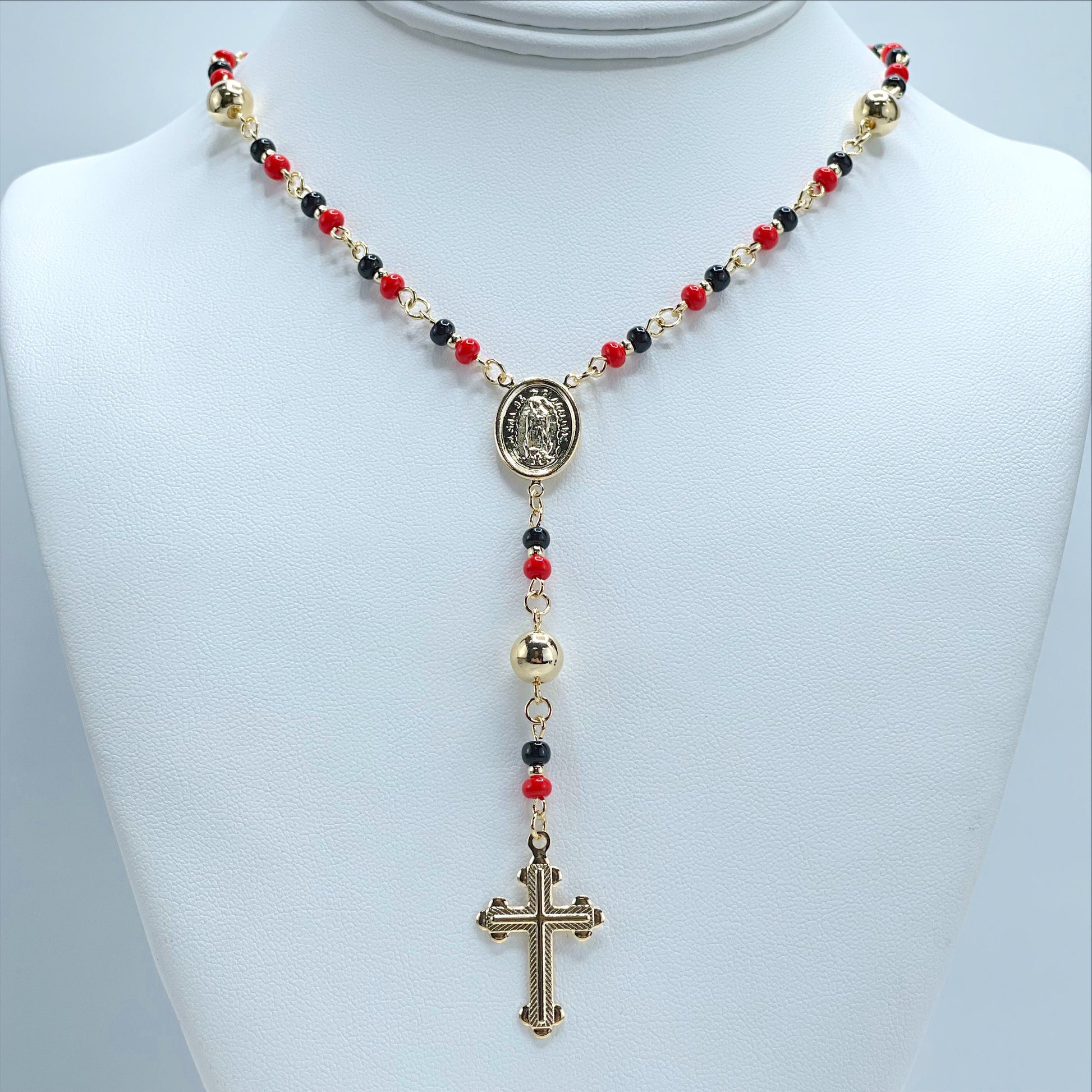 18k Gold Filled Black and Red Beads Simulated Azabache Guadalupe Virgin Beaded Rosary Necklace  Religious Wholesale Jewelry