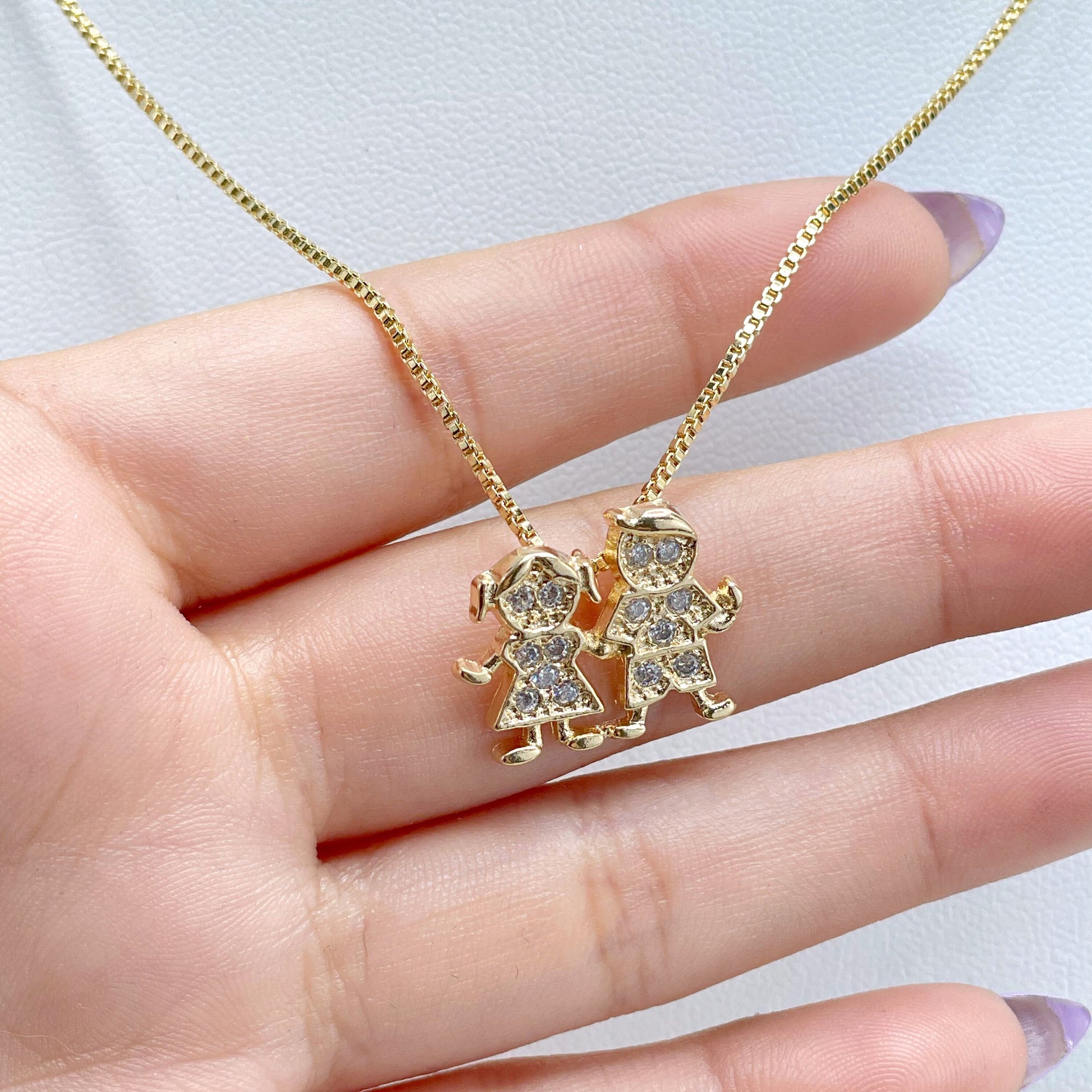 18k Gold Filled 1mm Box Chain Two Kids, Girl and Boy Holding Hands Charm Necklace  Wholesale Jewelry Supplies