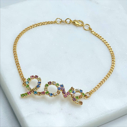 18k Gold Filled 2mm Cuban Link, Colored Micro Pave Cubic Zirconia Love Word Charm Bracelet , Wholesale Jewelry Making Supplies