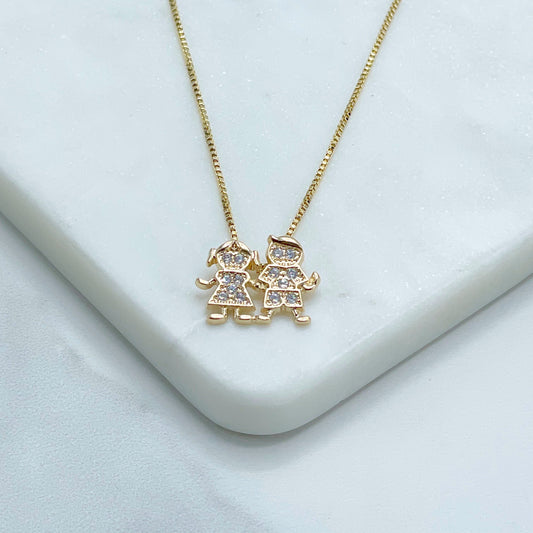 18k Gold Filled 1mm Box Chain Two Kids, Girl and Boy Holding Hands Charm Necklace  Wholesale Jewelry Supplies