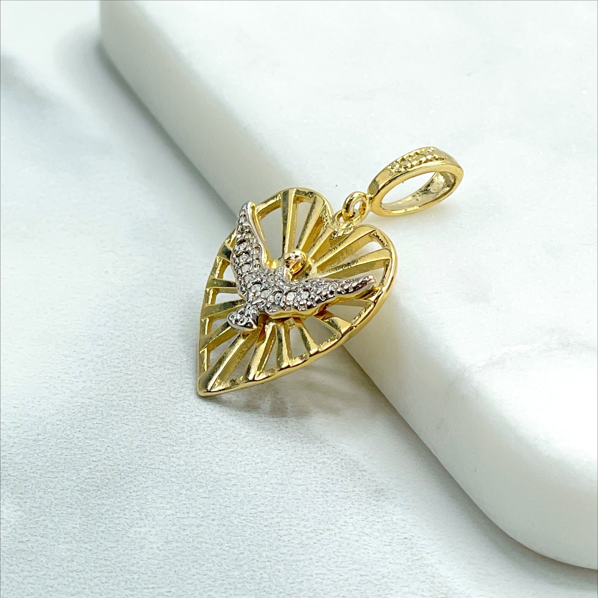 18k Gold Filled, Heart, Silver Peace Bird, Pendant Charms, Wholesale Jewelry Making Supplies