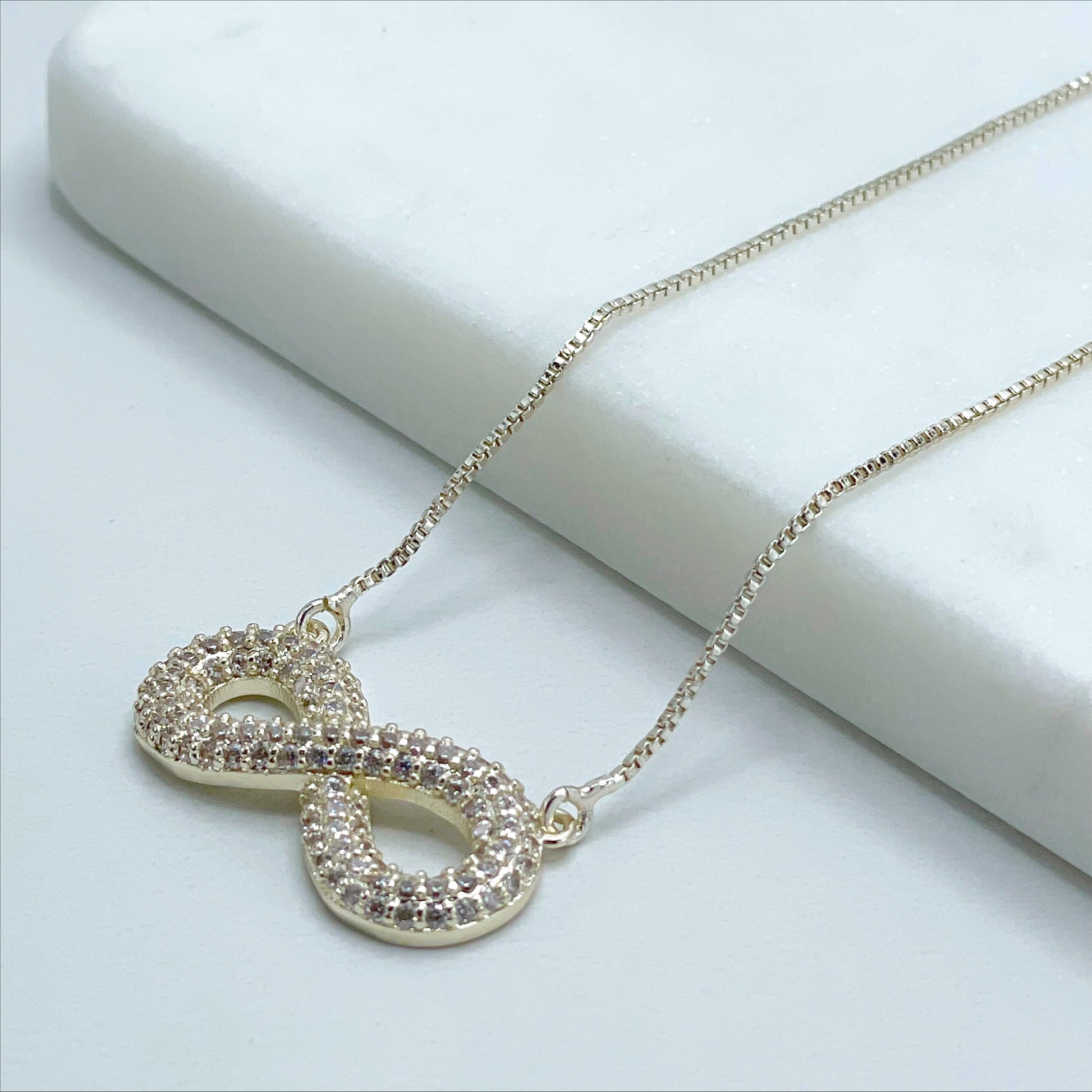 18k Gold Filled 1mm Box Chain with Clear Micro Cubic Zirconia Infinity Sign Charm Necklace and Earrings Set, Wholesale Jewelry Supplies