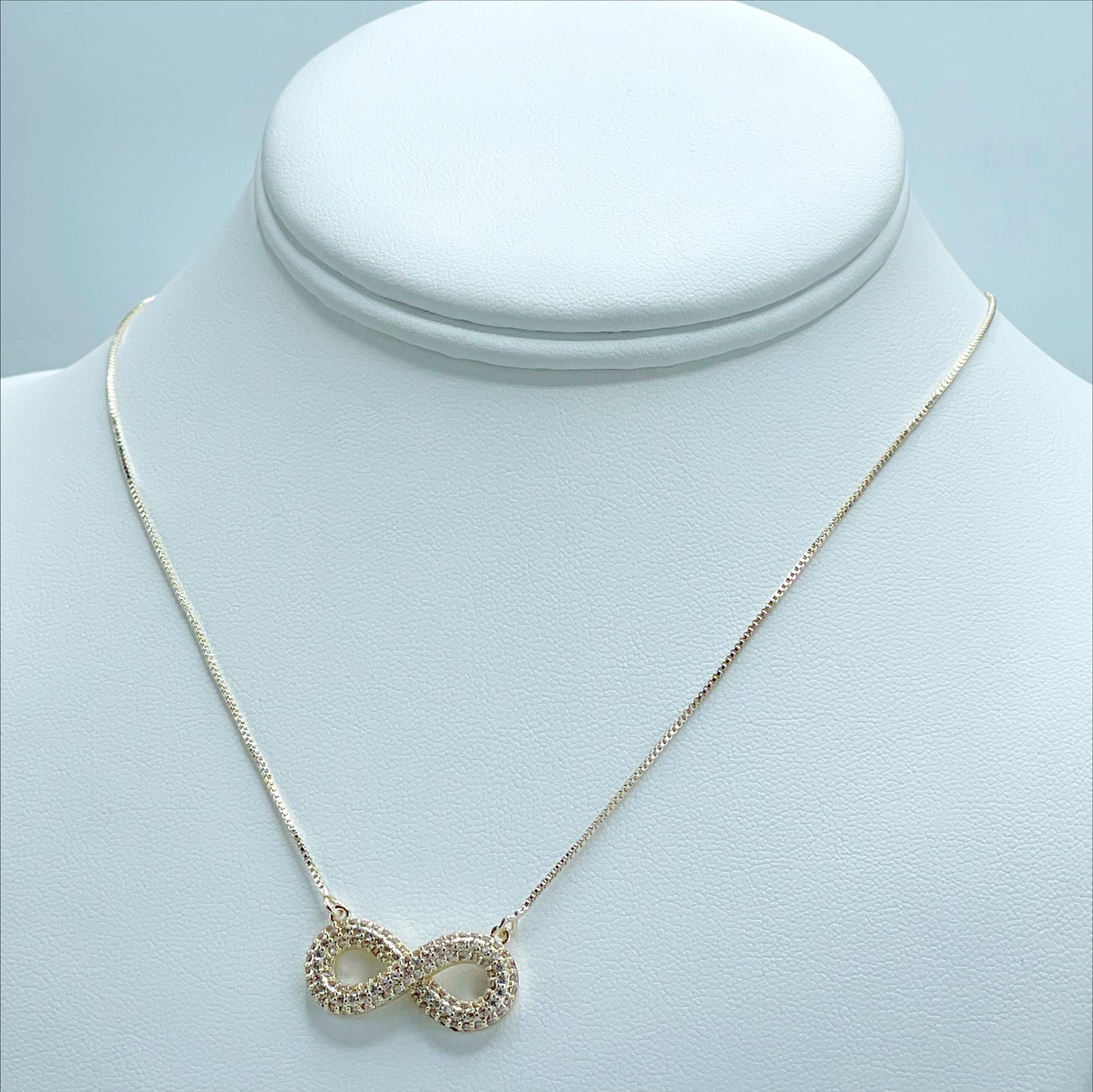 18k Gold Filled 1mm Box Chain with Clear Micro Cubic Zirconia Infinity Sign Charm Necklace and Earrings Set, Wholesale Jewelry Supplies