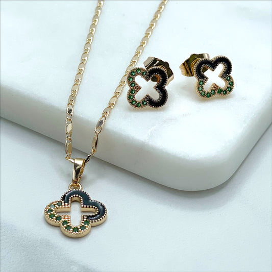18k Gold Filled with Green Micro Cubic, Black, 1.5mm Mariner Link Chain, 25mm Clover Necklace or Earrings Set Wholesale Jewelry Supplies