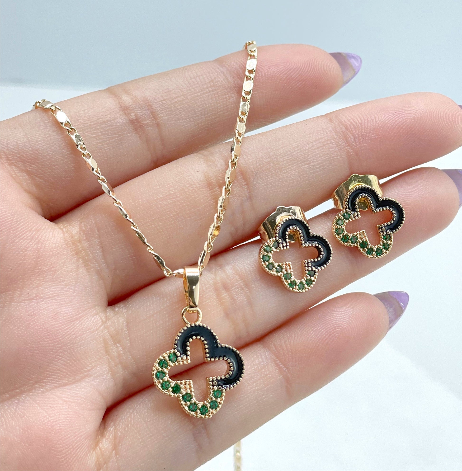 18k Gold Filled with Green Micro Cubic, Black, 1.5mm Mariner Link Chain, 25mm Clover Necklace or Earrings Set Wholesale Jewelry Supplies