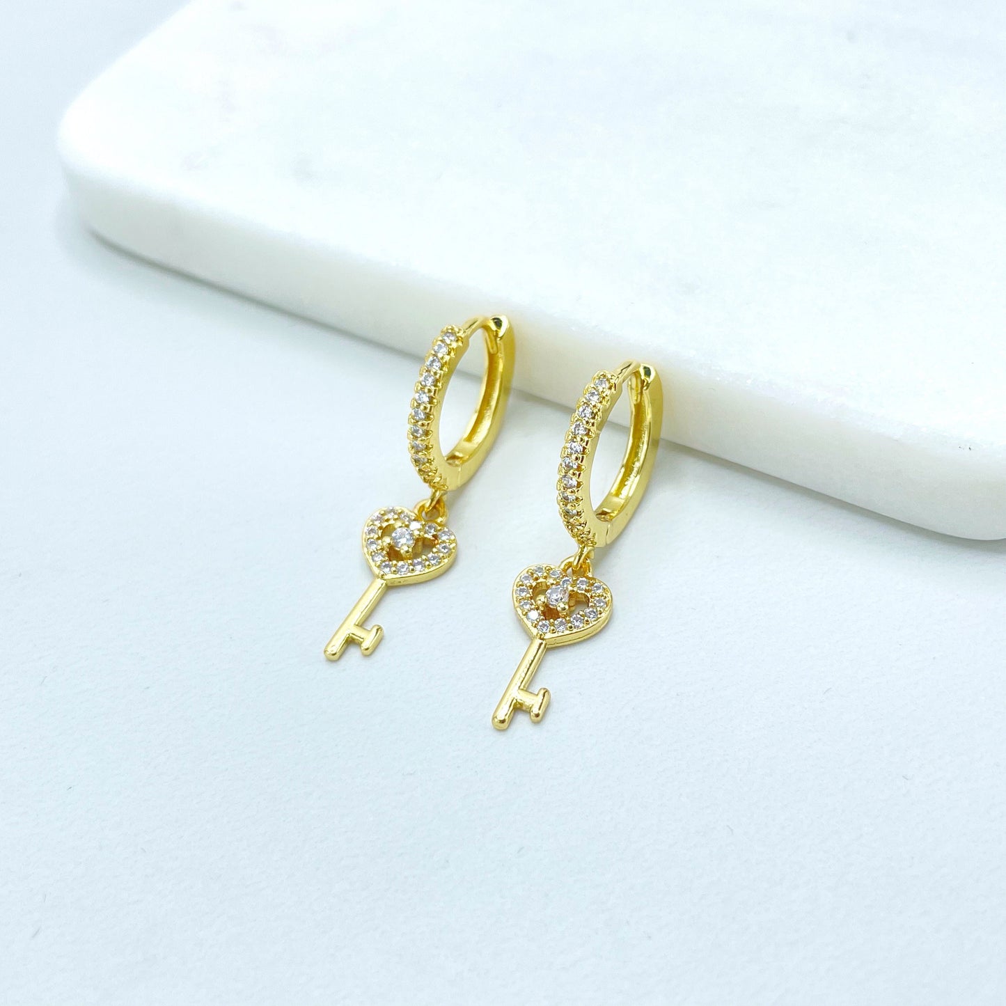 18k Gold Filled 15mm Huggie Earrings with Micro Cubic Zirconia Key in Heart Shape Charm, Dangle Earrings, Wholesale Jewelry Making Supplies