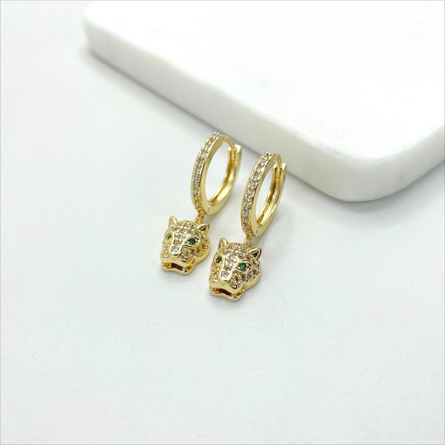 18k Gold Filled Micro Pave Cubic Zirconia Huggie Earrings with Panther Head Design Charms Wholesale Jewelry Making Supplies