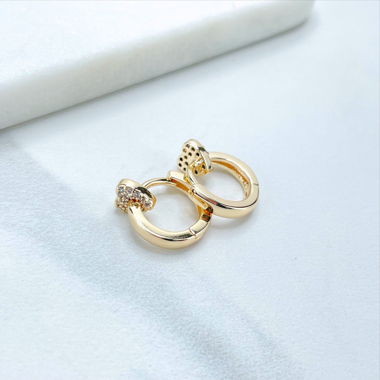 18k Gold Filled 13mm Huggie Earrings with Micro Cubic Zirconia Heart Charm Details, Wholesale Jewelry Making Supplies