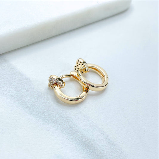 18k Gold Filled 13mm Huggie Earrings with Micro Cubic Zirconia Heart Charm Details, Wholesale Jewelry Making Supplies