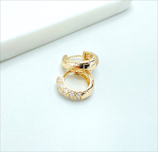18k Gold Filled 16mm Texturized Huggie Earrings with Micro Cubic Zirconia, Wholesale Jewelry Making Supplies