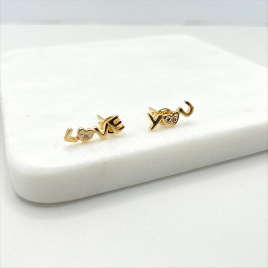 18k Gold Filled ''Love You'' Word Stud Earrings with Cubic Zirconia, Wholesale Jewelry Making Supplies