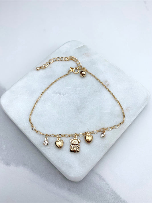 18k Gold Filled with Cubic Zirconia Bear, Hearts Jingle Bell 11 inches Cuban Link Chain Anklet Wholesale Jewelry Supplies