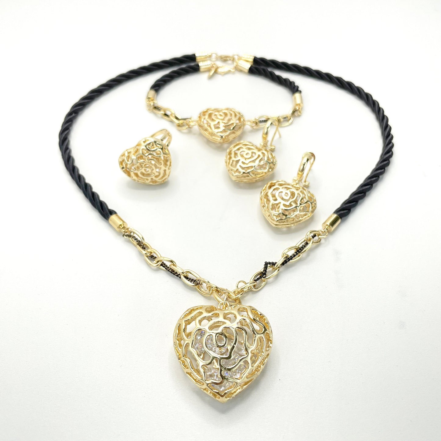 18k Gold Filled Black Satin Rope Set, Large Puffy Heart with Rattle Stones inside, 04 Pieces, Wholesale Jewelry Making Supplies