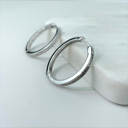 Silver Filled 30mm Clear Micro Pave Cubic Zirconia Hoop Huggie Earrings, Minimalist Jewelry, Wholesale Jewelry Making Supplies