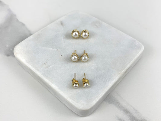 18k Gold Filled Regular Simulated White Pearl Stud Earrings Three different sizes Wholesale Jewelry Supplies
