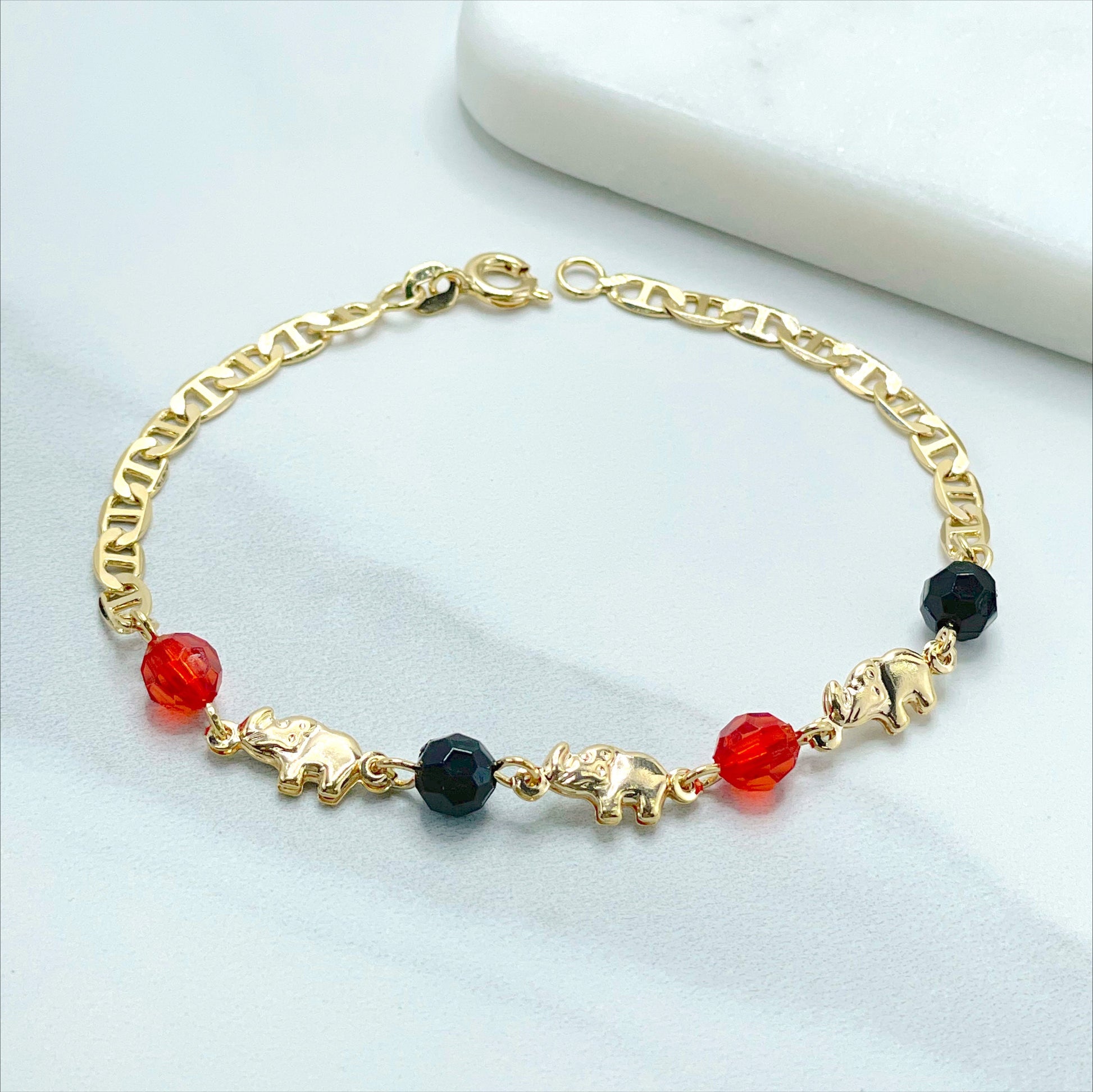 18k Gold Filled 4mm Mariner Link, Elephants, Red and Black, Charms Bracelet, Lucky & Protection, Wholesale Jewelry Supplies