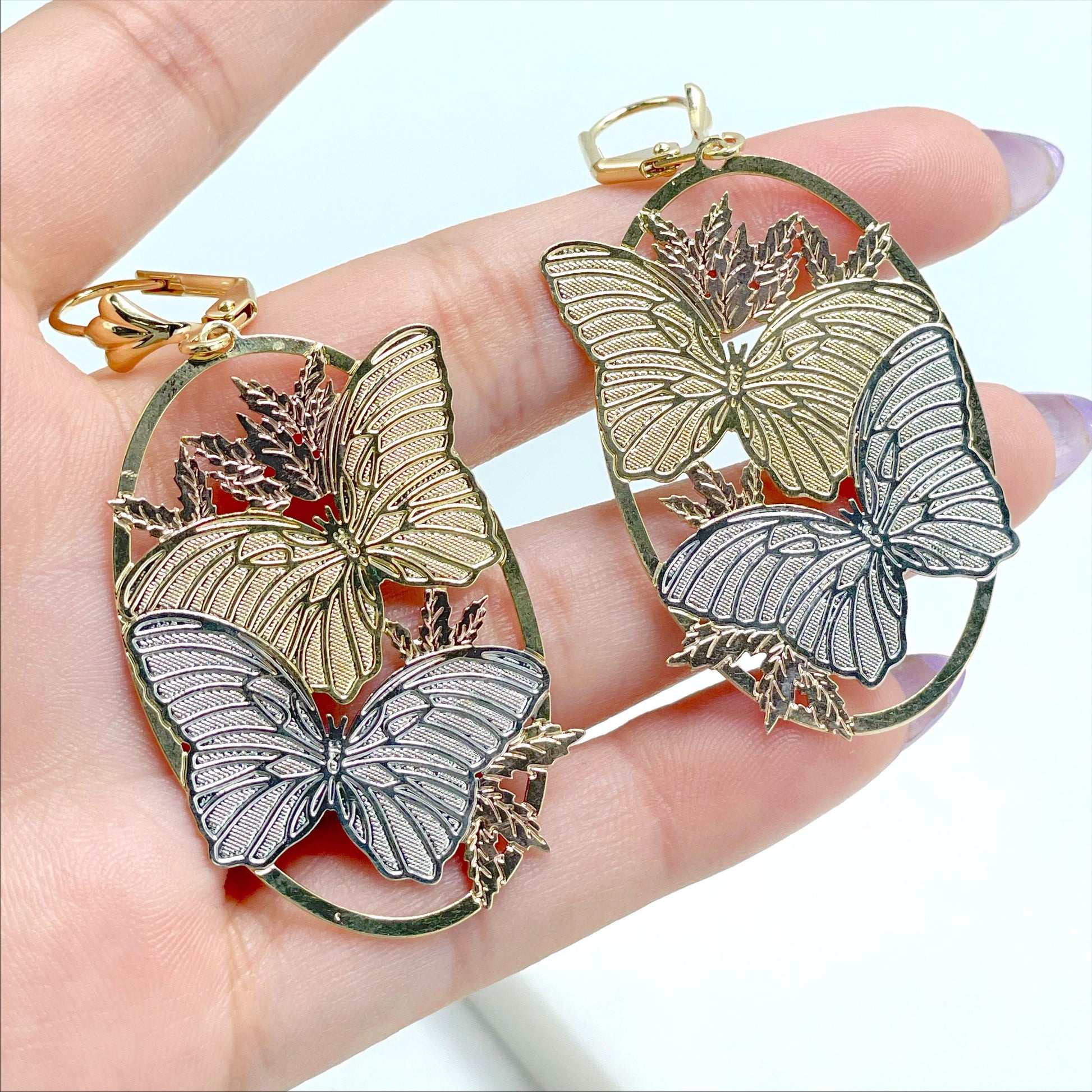 18k Gold Filled Three Tone Butterfly Shape Earrings, Cutie Vintage Earrings, Wholesale Jewelry Making Supplies
