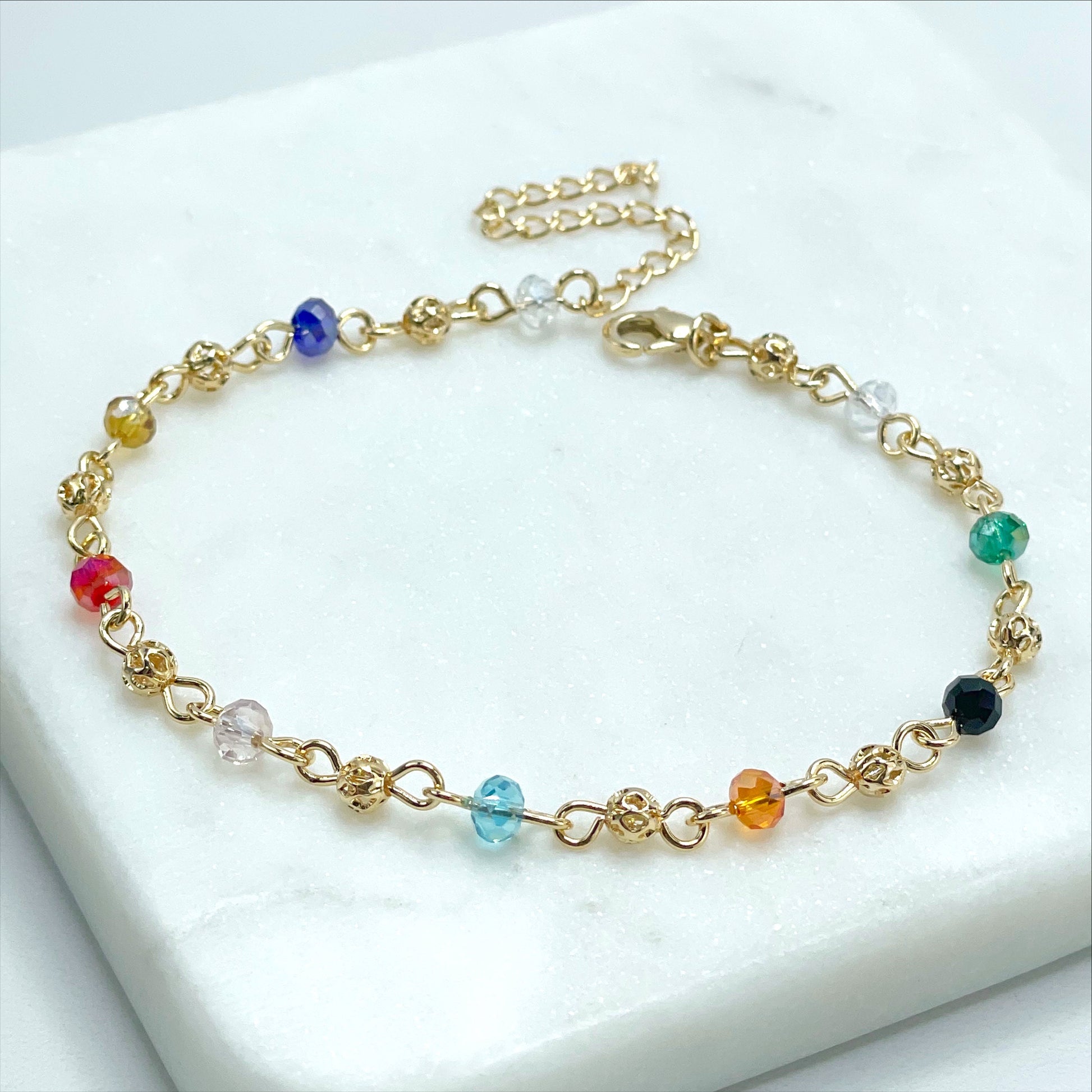 18k Gold Filled 3mm Colored Acrylic and Gold Beads Linked Bracelet with extender, Wholesale Jewelry Making Supplies
