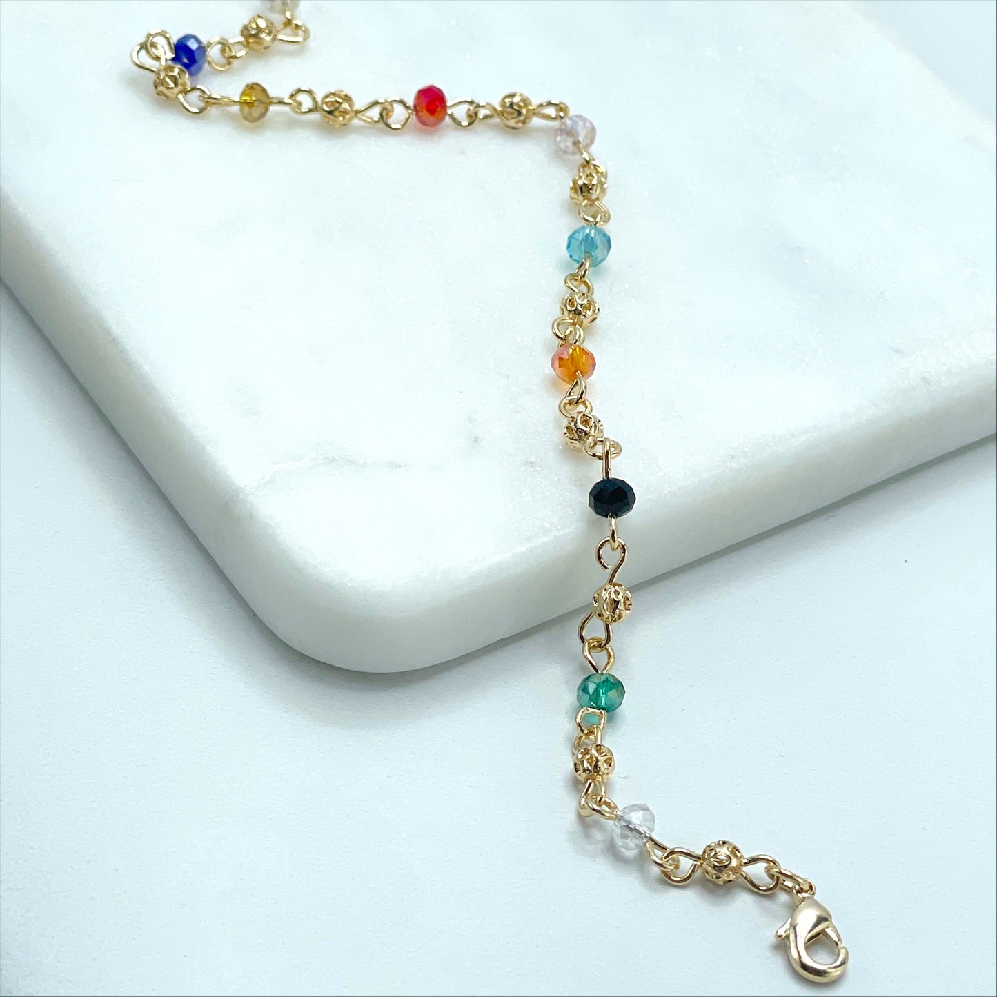 18k Gold Filled 3mm Colored Acrylic and Gold Beads Linked Bracelet with extender, Wholesale Jewelry Making Supplies