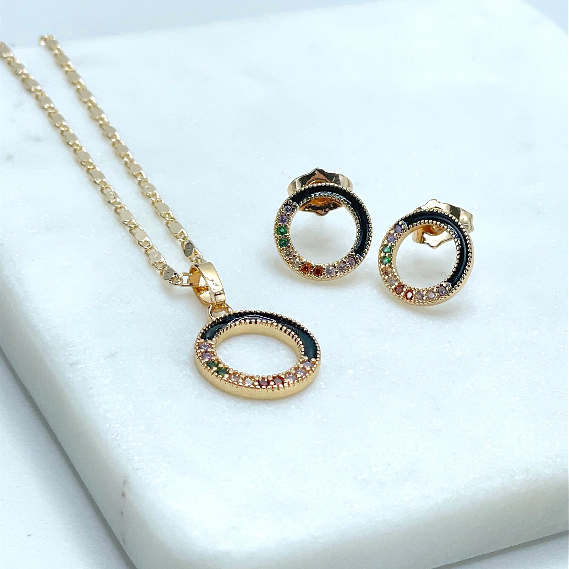 18k Gold Filled 1.5mm Mariner Link Chain with Colored Cubic Zirconia & Black Enamel Charms Necklace and Earrings Set, Wholesale Jewelry