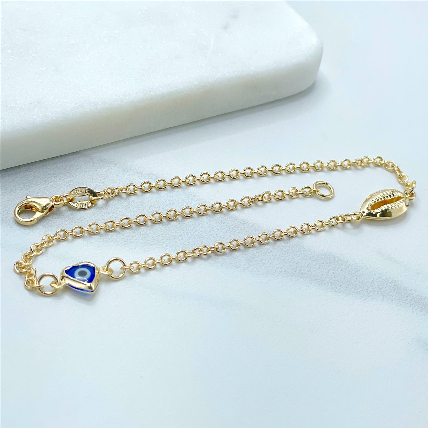 18k Gold Filled 2mm Rolo Link Chain with Snail & Blue Evil Eye Heart Shape Charms Linked Anklet, Wholesale Jewelry Making Supplies