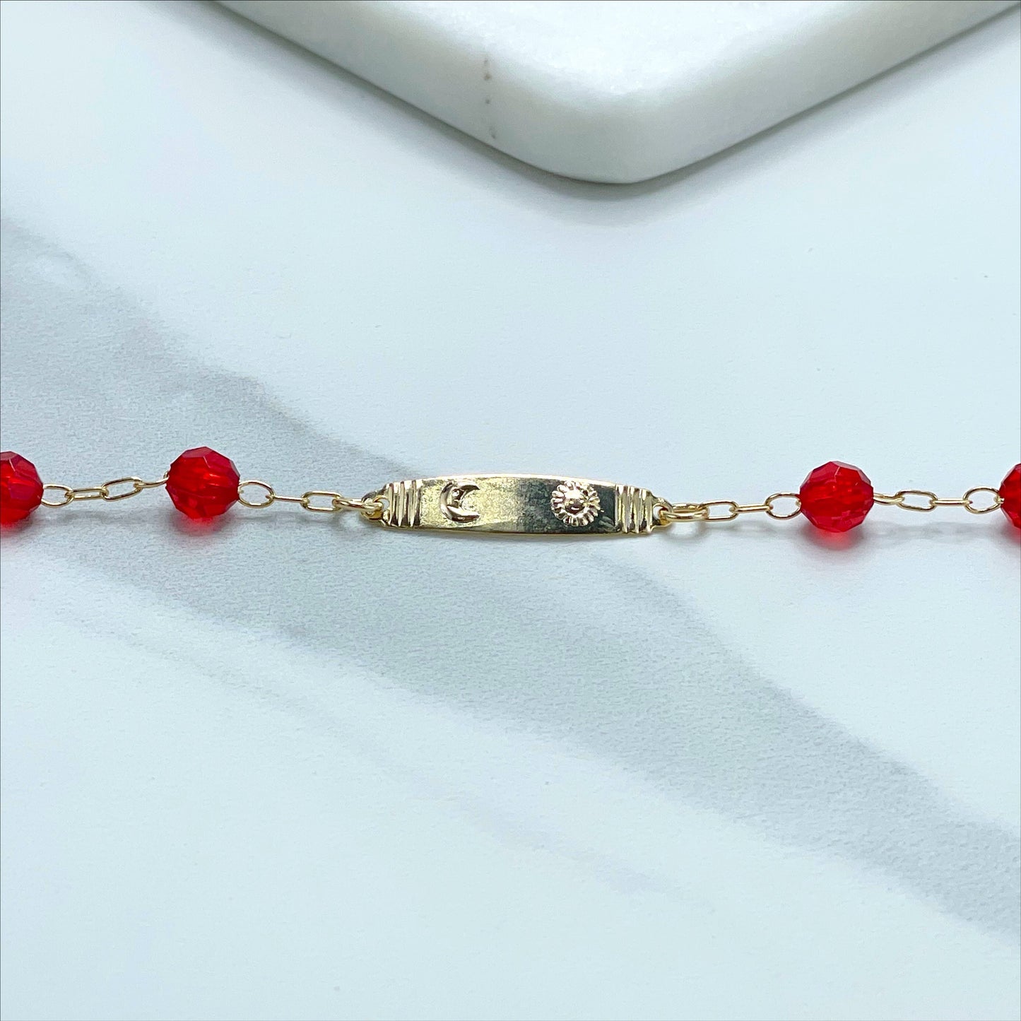 18k Gold Filled 2mm Paperclip Link ID Moon and Sun, Red Beads, Kids Bracelet Wholesale Jewelry Making Supplies