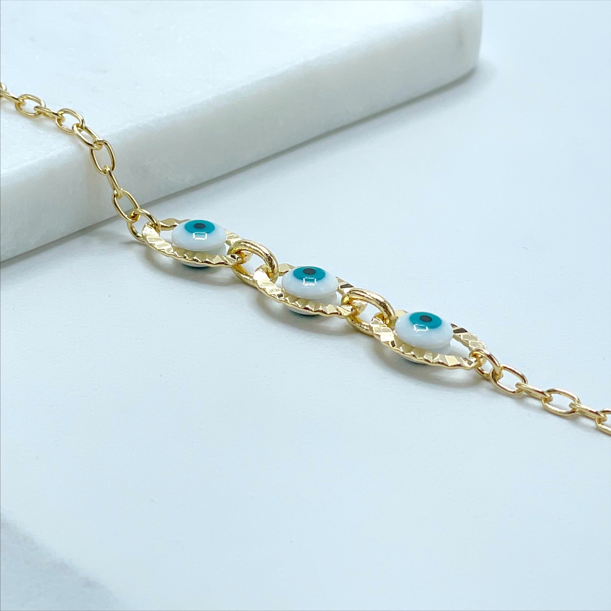 18k Gold Filled 2mm Cable Link Chain, Bracelet with Three Enamel Evil Eye Charms, Protection & Lucky, Wholesale Jewelry Making Supplies