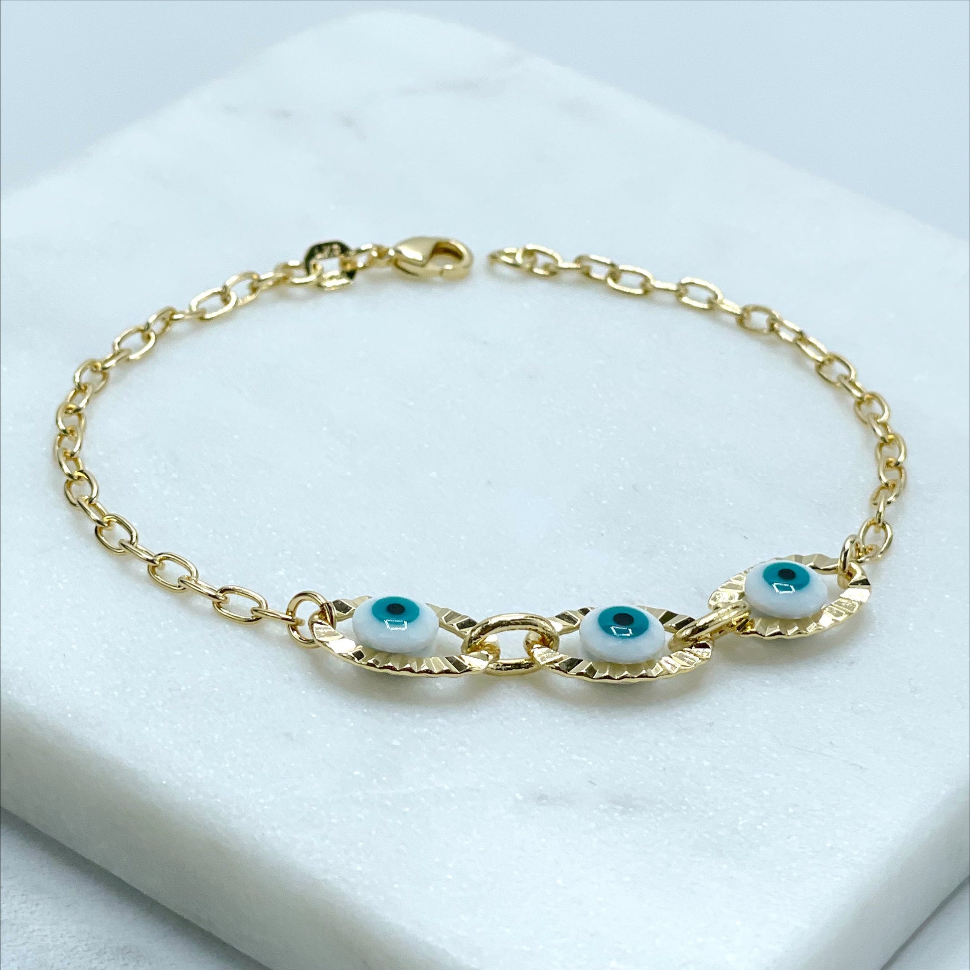 18k Gold Filled 2mm Cable Link Chain, Bracelet with Three Enamel Evil Eye Charms, Protection & Lucky, Wholesale Jewelry Making Supplies