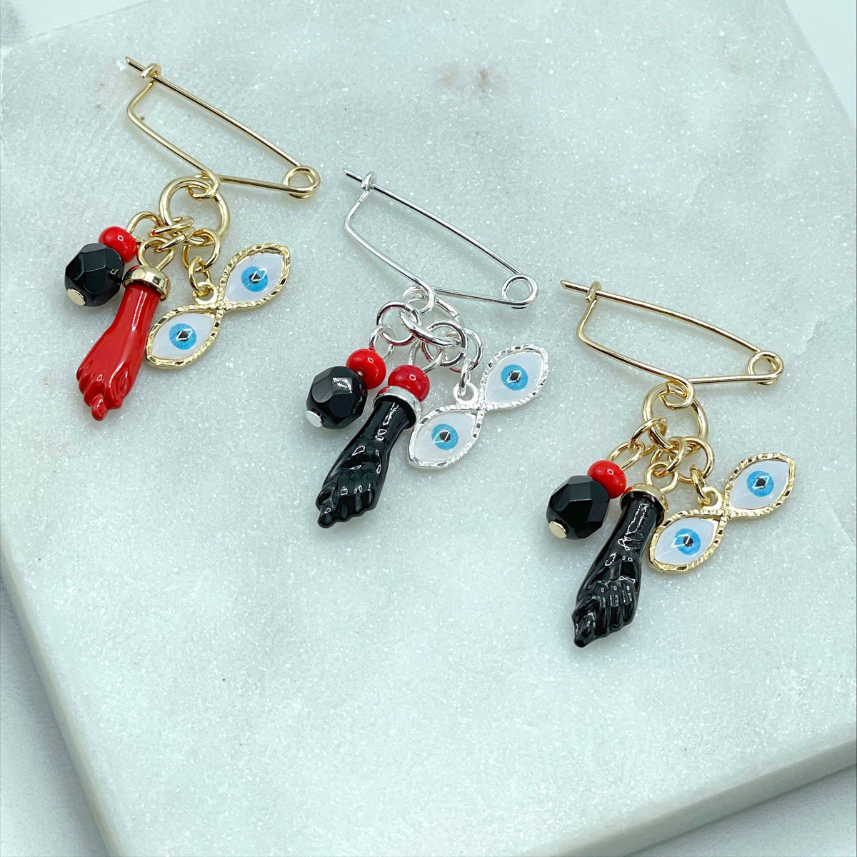 18k Gold Filled or Silver Filled, New Born, Simulated Azabache, Figa Hand, Evil Eye Charms Pendant, Wholesale Jewelry Making Supplies