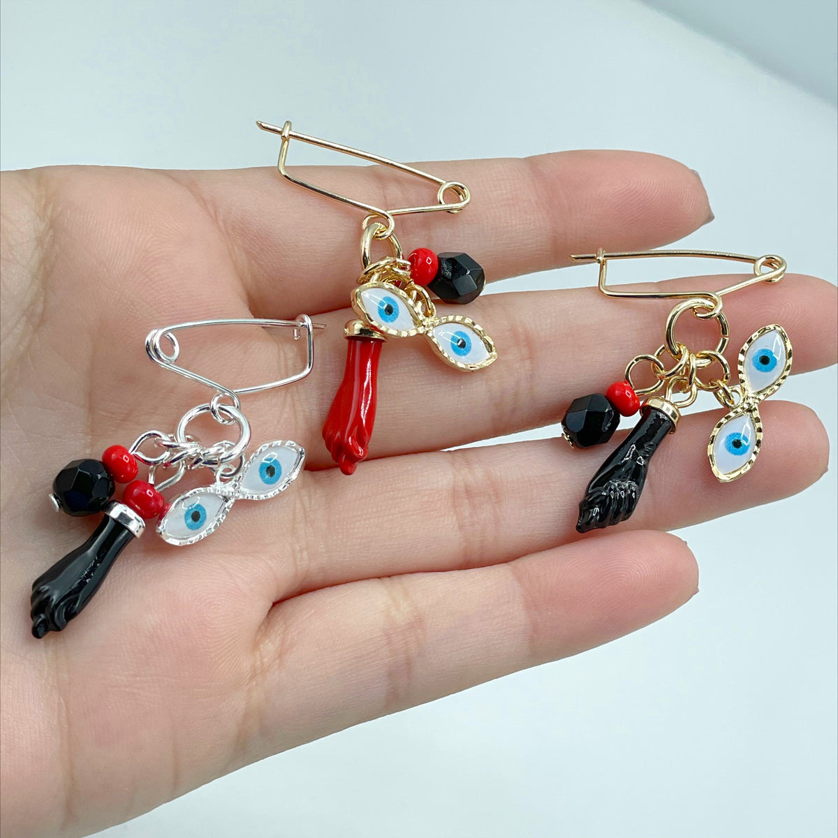 18k Gold Filled or Silver Filled, New Born, Simulated Azabache, Figa Hand, Evil Eye Charms Pendant, Wholesale Jewelry Making Supplies