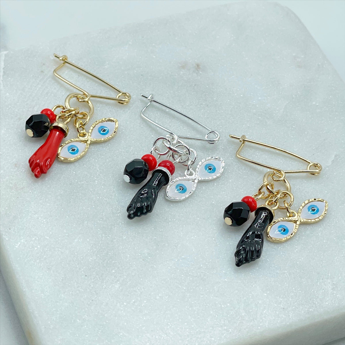 18k Gold Filled or Silver Filled, New Born, Simulated Azabache, Figa Hand, Evil Eye Charms Pendant, Wholesale Jewelry Making Supplies