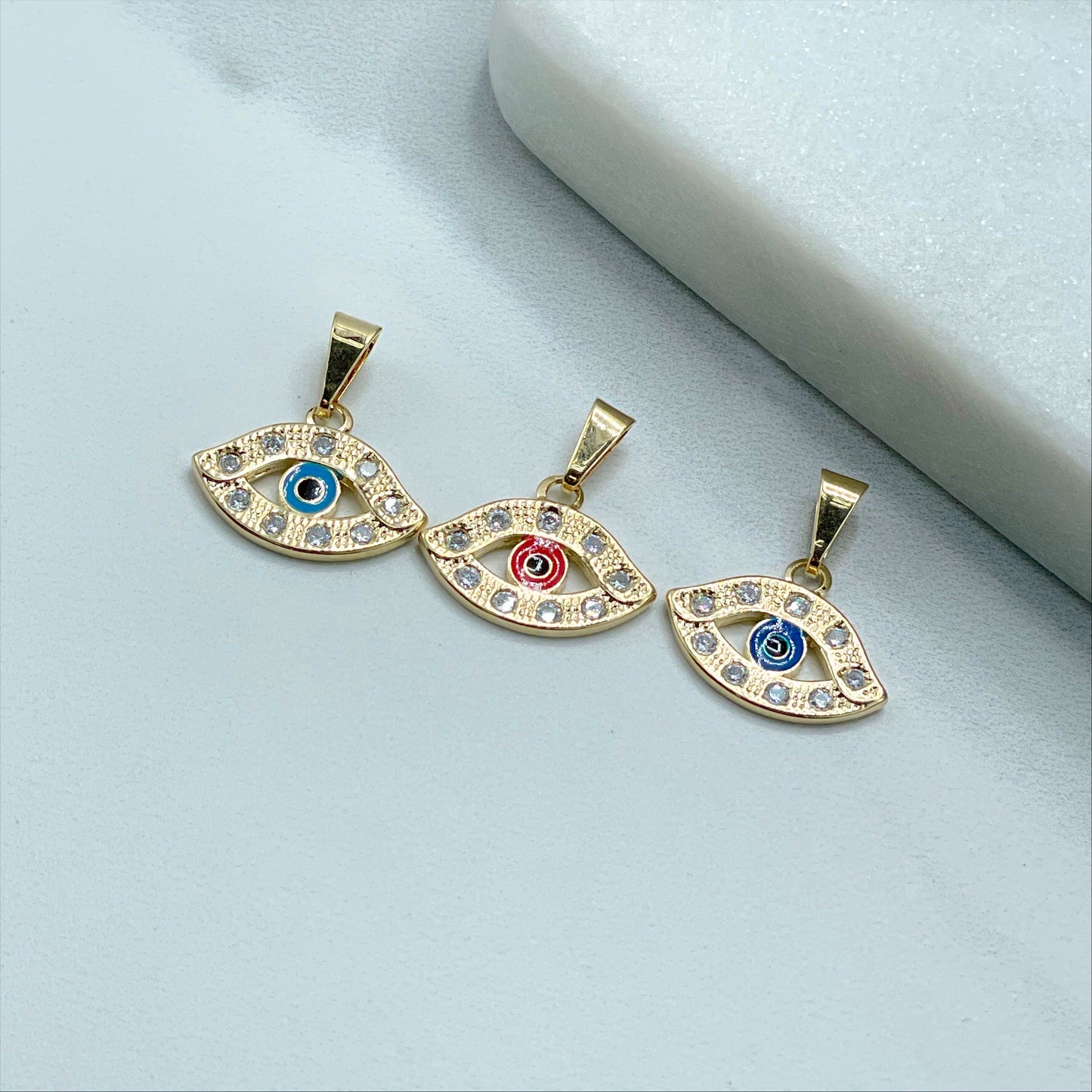 18k Gold Filled Shape Eye with Clear Cubic Zirconia Red, Dark Blue or Blue Evil Eye Charms Pendant, Wholesale Jewelry Making Supplies